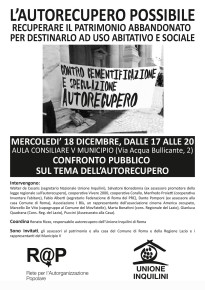 AUTORECUPERO:MERCOLEDI 18 DICEMBRE, alle ore 18 Sala Consiliare, piazza della Maranella