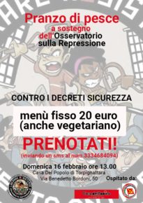 Domenica 16 febbraio -  Osservatorio sulla repressione contro i decreti sicurezza.