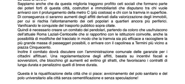 Sì! alla mobilità sostenibile. Sì alla Termini - Tor Vergata ma… No! alle speculazioni antipopolari!